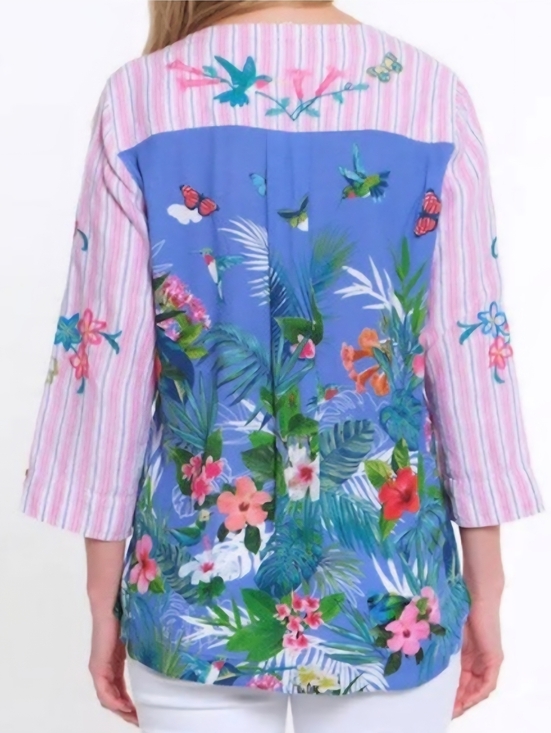 John Mark Tops - Embroidery John Mark Pink Striped Tunic with Multicolor Floral & Bird.